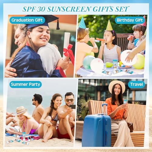 Image of 12 Pcs Mini Sunscreen Bulk for Summer Party Wedding SPF 30 Water Resistant Sunscreen Lotion Bulk 1oz Travel Size for Thank You Gifts Wedding Supplies (Beach Party)
