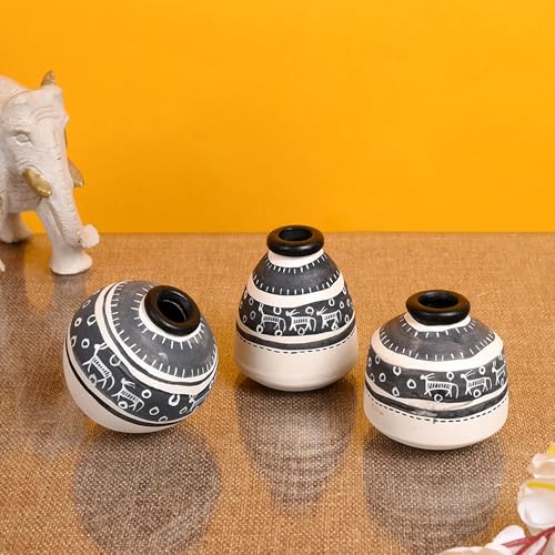 Image of Aakriti Art Creations Vase Earthen Miniatures White Warli Set of 3 | Hand-Painted Terracotta Flower Vases | Matte Finish Decorative Vases for Living Room, Table Decor & Gifting