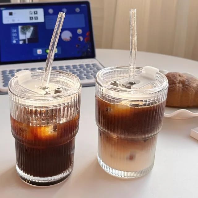 Image of COOLBIT Glass Water Tumbler with Straw and Lid Sealed Carry On Thick Wall Iced Coffee Cup Glass Sipper Cup for Water, Iced Tea Fruit Juice Set of 1, 400ml