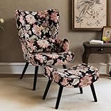 HomeMiYN Sessel Ohrensessel mit Kissen und Fußhocker Wohnzimmer Einzelsofa Retro Englische Blumen