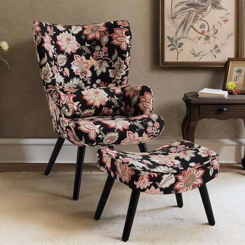 HomeMiYN Sessel Ohrensessel mit Kissen und Fußhocker Wohnzimmer Einzelsofa Retro Englische Blumen
