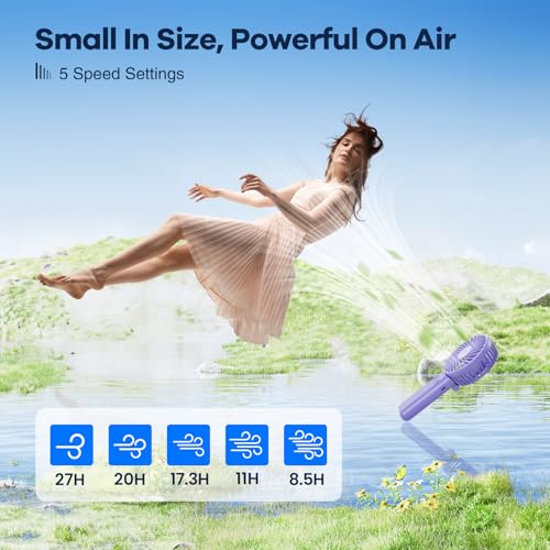 HandFan Upgraded Handheld Fan, 5 Speeds Strong Airflow Hand Fan [Max 27 Working Hours], 180° Foldable Compact Design Personal Fan Handheld with Portable Power for Travel/Disney/Concerts/Women (Purple)
