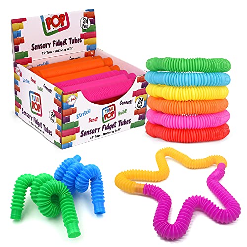 Playkidz Pop Tubes Sensory Toys 24 Pack, Fine Motor Skills Toddler Toys, Thick Fidget Sensory Toys for Kids and Adults, Learning Toys, 7.5" in Diameter, Stretches Up to 26"