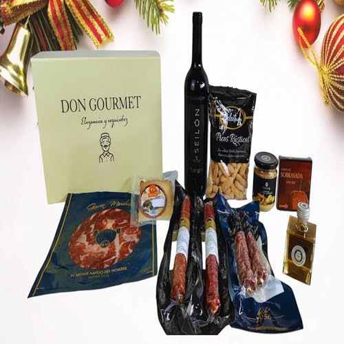 DON GOURMET, Cesta Gourmet para Regalar, Cesta Navidad, Personalizable, Queso curado, jamón ibérico, chorizo ibérico, lote embutidos ibéricos, aceite de oliva, pack ibéricos, Regalo cumpleaños.