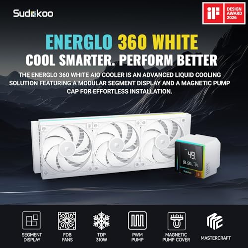 Image of ENERGLO 360 White Liquid Cooler: 360mm AIO CPU Cooler with Data Display & PWM Pump - 3 x 120mm Water Cooling for Intel LGA 1851 /1700 /1200 /115X & AMD AM5 /AM4