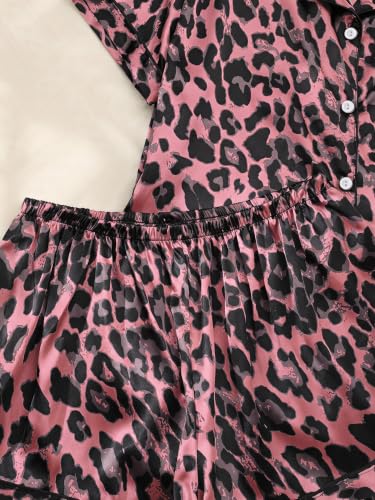 Image of SHENHE Women's 2 Piece Satin Pajama Set Leopard Short Sleeve Button Down Pj Shorts Set