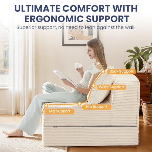 Image of Erament Folding Sofa Bed, 8 inch Convertible Sleeper Sofa Fold Out Chair Bed with Pillow, Portable Floor Couch Lounge Sofa for Living Room Bedroom Guest Room, Beige