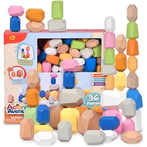 Acorn Avenue 36 PCS Wooden Bright Earth Color Sorting Stacking Rocks Stones,Sensory Toddler Toys Learning Montessori Toys, Building Blocks Game for Kids 3+, Boy and Girl Birthday Gifts for Kids Cover