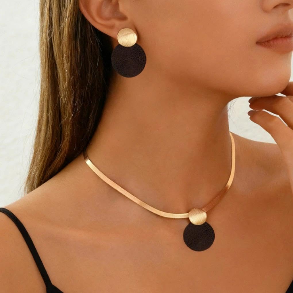 Chunky Gold Black Disc Pendant Necklace Drop Earrings Set for Women,Simple Chic Herringbone Choker Necklace Statement Earrings Minimalist Geometric Jewelry Set