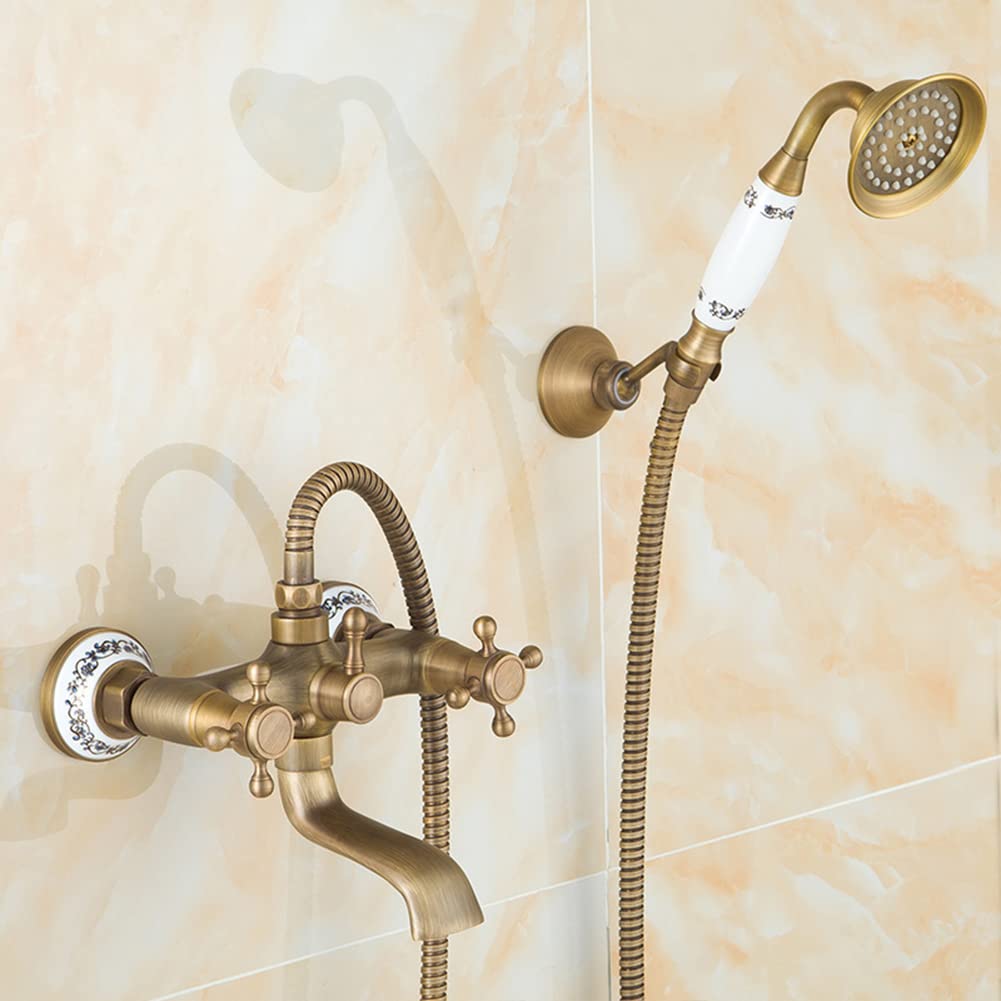 Grifo Bañera Grifo De Ducha En Pared Antiguo Vintage Estilo Latón Dos Asas Mezclador De Baño, Con Ducha De Mano, Manguera Y Soporte, Acabado De Latón Antiguo