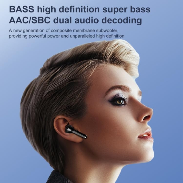 Person wearing a black ELECTROPRIME XT83 PRO earbud, highlighting bass and audio decoding