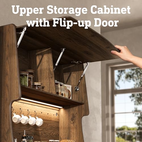 Image of STO'SENSE 72'' Kitchen Pantry Cabinet w /Power Outlets, Tall Storage Cabinet w /LED Light, FILP-up Door & Pegboard, Freestanding Kitchen Hutch w /Drawers, Solid Wood Handles(Walnut-2PCS)