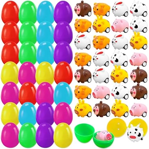 30 Pack Easter Eggs Filled with Animal Pull Back Toy Cars,Easter Eggs with Cartoon Animal Car Toys,Plastic Easter Eggs with Mini Animal Car Toys for Easter Basket Stuffers,Egg Hunts,Easter Party Gifts Cover