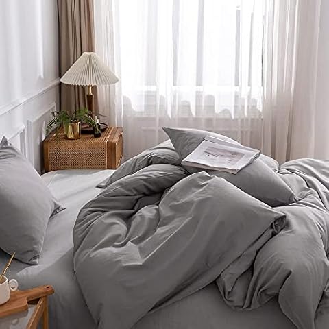 TazmKezm Linen Grey 100% Washed Cotton Duvet Cover Set, 3 PCs Breathable Soft Bedding Set Linen Textured. Solid Color Pattern Duvet Cover King Size (No Comforter) Cover