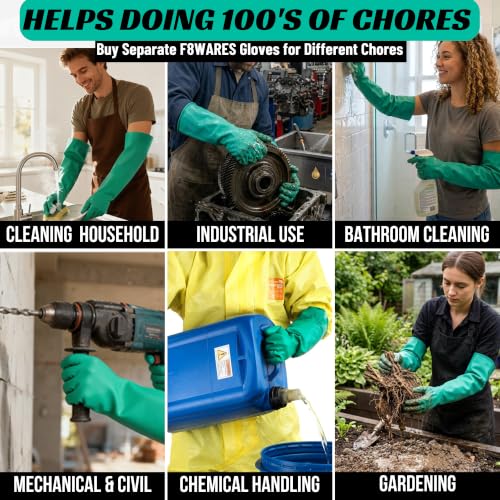 Image of F8WARES 18 Inch long Reusable Chemical Acid Resistant Nitrile Gloves | Gloves for Washing Utensils / Dishwashing | Heavy Duty Gardening Rubber Gloves | Hand Gloves for Cleaning Purpose