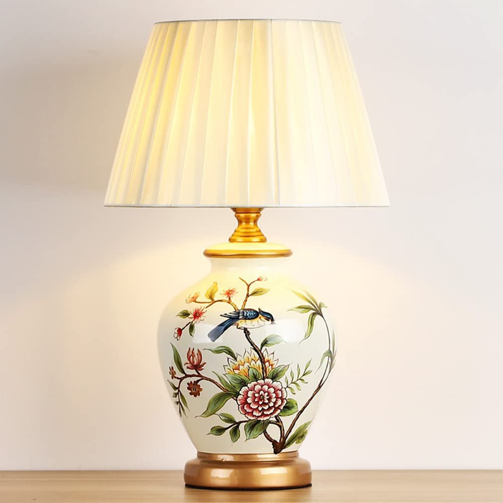 Lampada da Comodino, Moderna Lampada da Tavolo Base in Ceramica Paralume in Stoffa, Attacco E27, 31 * 31 * 51cm, Design Vintage.(Bianco)