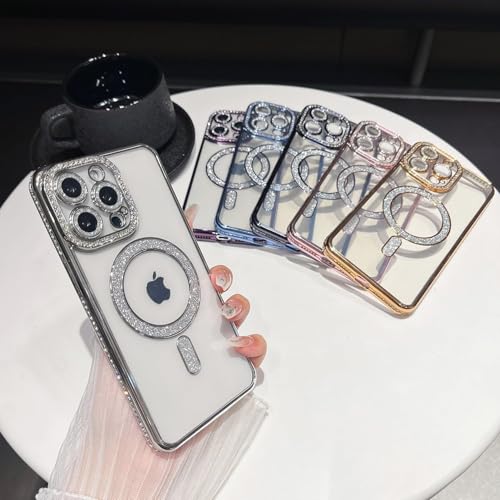Image of The Little Shop Clear Magnetic Diamond Glitter Case for iPhone 14 Pro||Full Camera Protection Luxury Bling Transparent Shockproof for Magsafe Women Girls Cute Cover|Pink