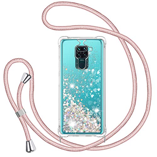 Moviles Funda con Cuerda para Xiaomi Redmi Note 9, Carcasa Brillante Glitter Transparente TPU Silicona Protección Case con Ajustable...