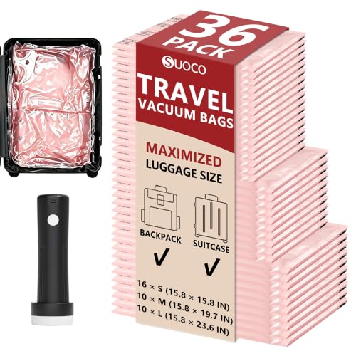Image of Travel Vacuum Bags for Clothing with Cordless Pump 36 Combo, Pink