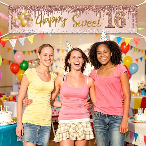 Image of Excelloon Sweet 16 Party Decorations for Girls, Pink Rose Gold Happy 16th Birthday Yard Banner Party Supplies, 16 Year Old Teenager Bday Background Sign for Outdoor Indoor