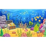 Cartoon Underwater Landscape Aquarium Background Pirate Treasure Chest with Fish Shoal Terrarium Background Ocean Coral Reef Blue Sea Waves Fish Tank Backdrop Under The Sea Theme Backdrops 24x16in