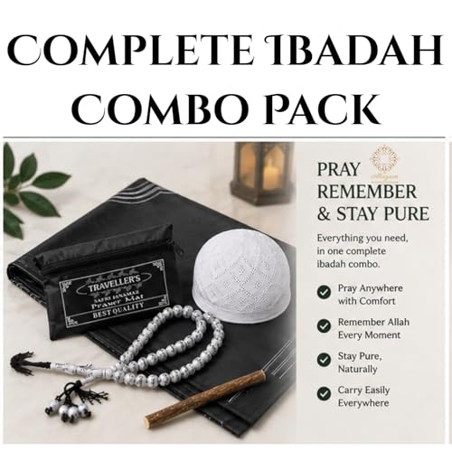 Image of Complete Ibadah Combo Pack, Islamic Gift Set with Nylone Safri Janamaz, 99 Beads Allah Mohammad Tasbih, Cotton Topi and Jaitoon Miswak