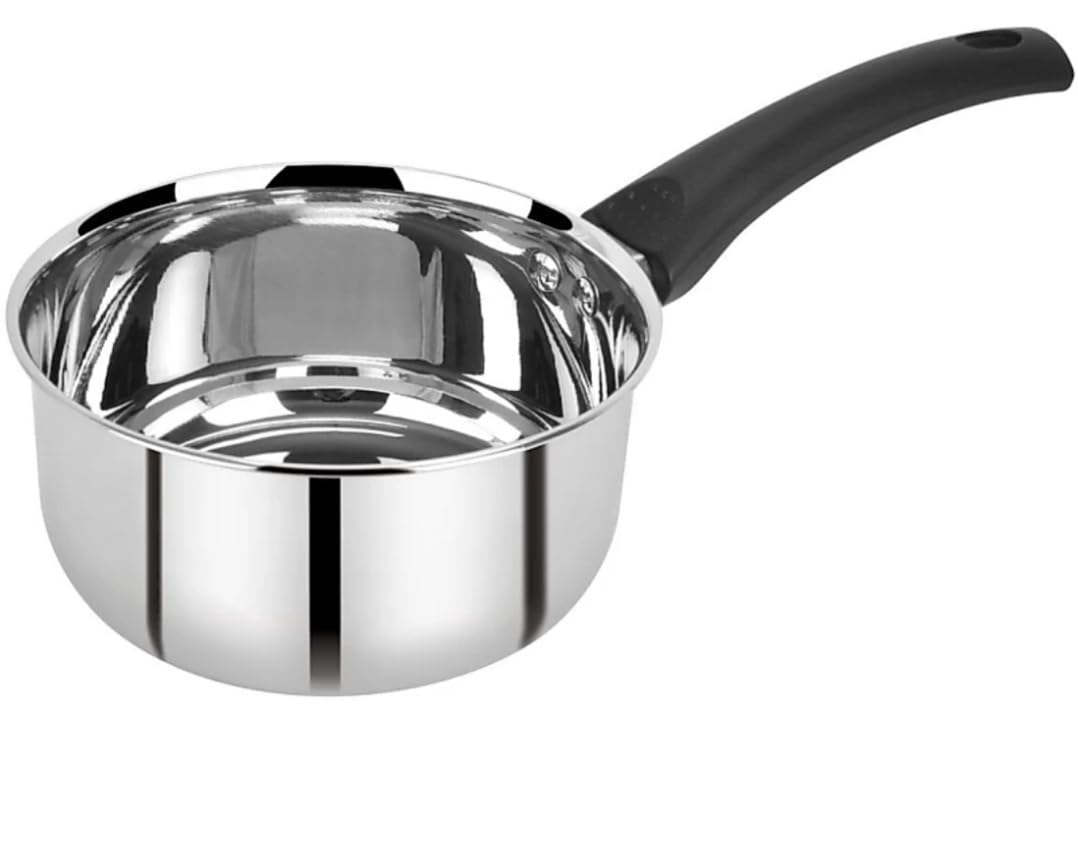 SILVESTER® Heavy Stainless Steel Sauce Pan – 14 cm Flat Base Tea, Milk & Coffee Tapeli/Patila/Bhagona with Strong Bakelite Handle – Durable, Rust-Free, Easy to Clean Pot Pan for Kitchen (Pack of 1)