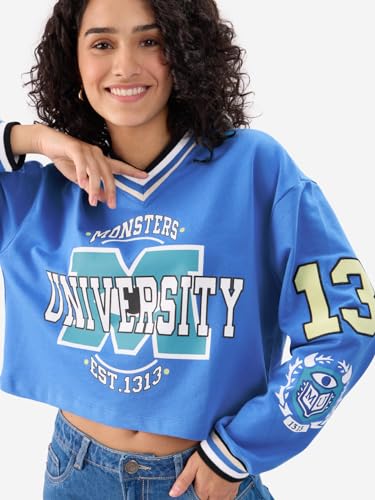 Image of The Souled Store Official Pixar: Monster University Women and Girls Long Sleeve V Neck Blue Graphic Printed Cotton Oversized Cropped T-Shirts