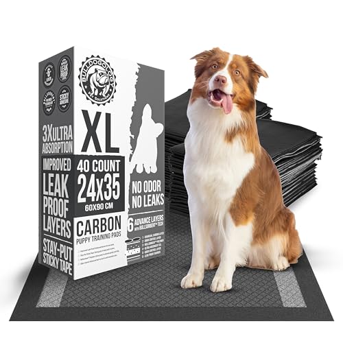 Image of Bulldoglogy Carbon Black XL Dog Pee Pads for Extra Large Dogs with Adhesive Sticky Tape - Extra Large Charcoal Housebreaking Dog Pee Pads Disposable (24x35) (40-Count, Black)