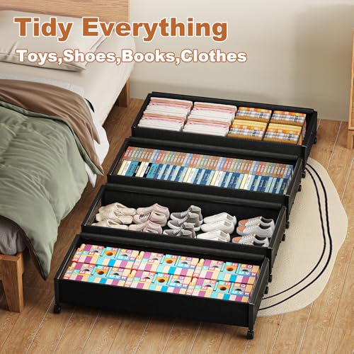 Image of Fokyfok 2 Pack Under the Bed Storage Containers,36 inch Long Underbed Storage with Wheels,7.3 inch Height Under Bed Shoe Storage,Large Rolling under bed Clothes Storage Drawers with Lid for Dorm,Black