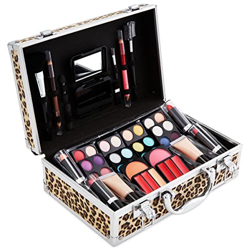 Vokai Makeup Kit Gift Set – 79 Piece - 32 Eye Shadows, 2 Blushes, 2 Lip Glosses, 2 Lipsticks, 2 Eye Liner Pencils, 1 Lip Liner Pencil, 1 Mascara - Case with Carrying Handle Leopard