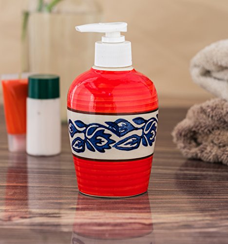 Image of Ceramic Liquid Soap Dispenser, 300 ml, Red Blue Vine | Refillable Pump Bottle for Hand Wash, Lotion, Shampoo & Kitchen Use, 2 Pieces