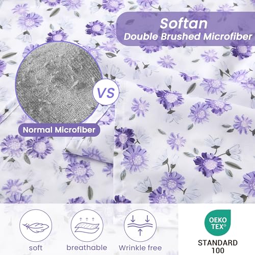 Image of Softan Puple Floral King Sheet Set, 4-Piece Microfiber Printed Fitted Sheet with 15 inch Deep Pockets & Non-Slip Straps, White Flower Patterned Bedding Sheets & Pillowcase Set