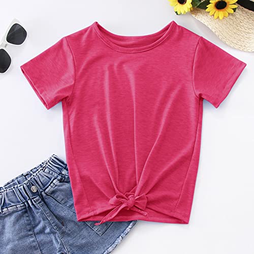 Children Kids Girls Tie Front Knot T Shirt Solid Short Sleeve Tee Crewneck Loose Casual Blouse Tops for 4~13T2