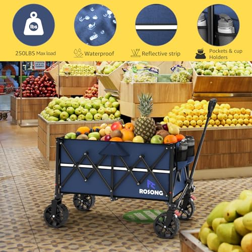 Image of ROSONG Collapsible Wagon Cart with Wheels Foldable - Folding Utility Heavy Duty Wagons Carts for Grocery Sports Garden Shopping Camping Wheelbarrows (Navy Blue, 150L)