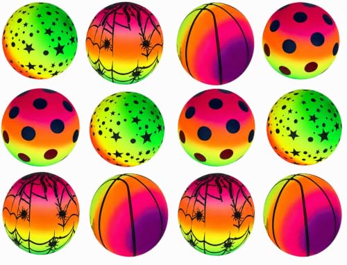 Image of Rainbow Neon Rubber Balls for Kids, Pack of 3 | Basketball, Soccer & Star, Colourful Gradient Design, Outdoor Play, Inflatable Toy Balls, Ages 3+