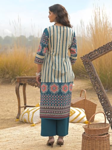 Image of INDO ERA Women's Green Pure Cotton Floral Printed Sequinned Kurta & Pant with Dupatta Set