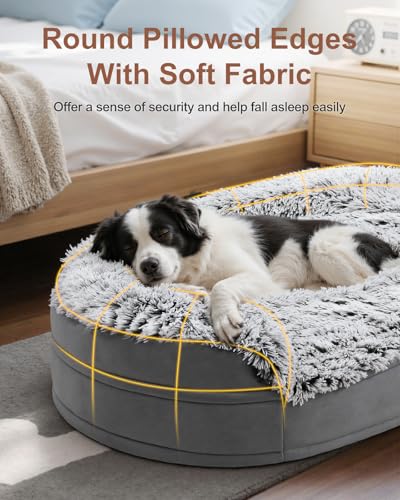 Image of iweepet Fluffy Calming Jumbo Orthopedic Dog Beds for Extra Large Dogs, Supportive Dog Sofa Bed with 3.7 inch 28D Egg-Crate Foam, Removable Washable Plush Cover, Waterproof Lining, 48'',Grey