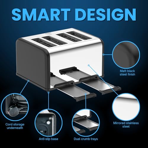 4-Slice Toaster with Touchscreen Controls, Extra-Wide Slots, Bagel & Defrost Settings, Digital Countdown Timer, Dual Independent Panels, 1760W, Matt Black - Image 6