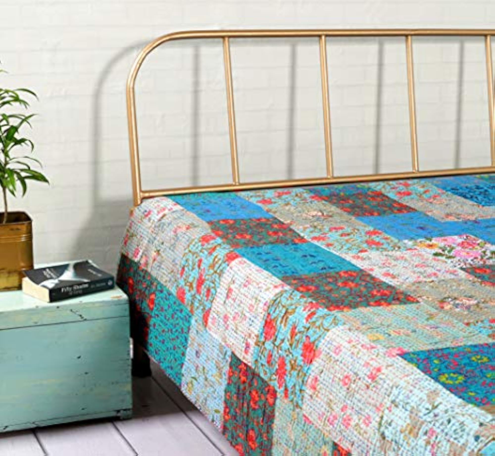 Patchwork Kantha Work Quilt Bedspread, Hand Printed