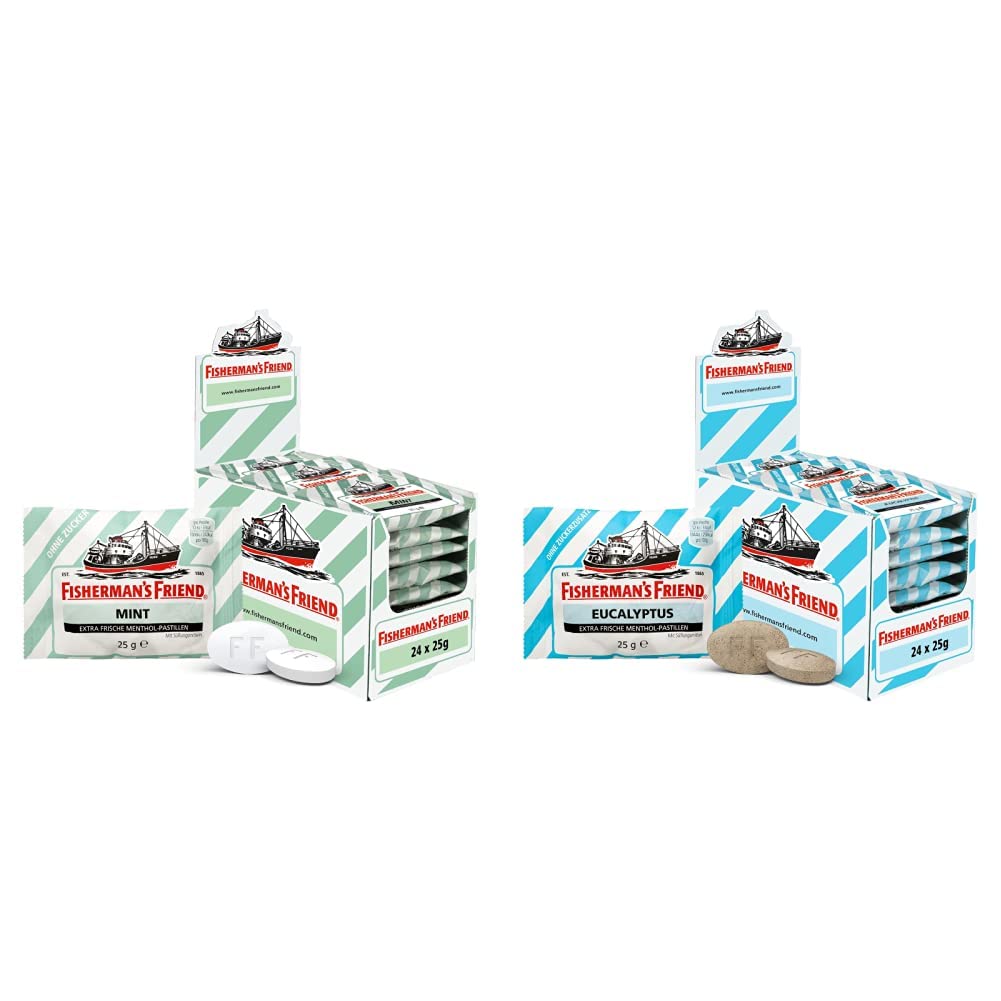 Fisherman's Friend Mint, 24er Vorratsbox & Eucalyptus, 24er Vorratsbox, Eukalyptus und Menthol Geschmack, ohne Zuckerzusatz & vegan, Bonbons für frischen Atem, 24 x 25g