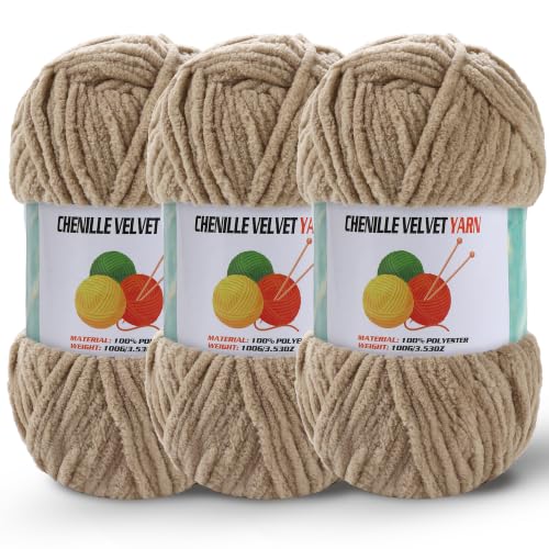 Image of 3 * 100g /3.5oz Fluffy Chenille Yarn for Crocheting, Chunky Velvet Yarn for Crochet Amigurumi, Used for Making Baby Yarns Blanket, Clothes, Pattern Knitting Creations (3-Khaki)