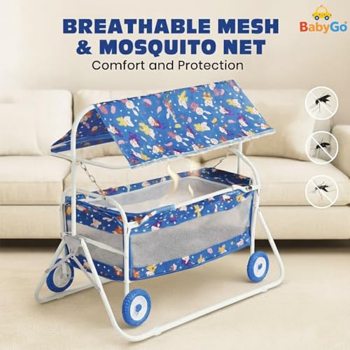 Image of BabyGo Baby Cradle with Swing, Mosquito Net & Canopy | 0-12 Months | Foldable 2-in-1 Rocking Cradle Cot with 4 Wheels & Brake | Soft Bed | Metal Frame | Blue (Large)