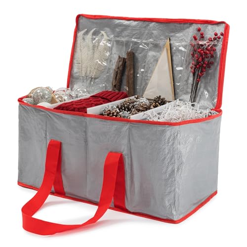 Christmas Village Red Durable Storage Bag for Lights Baubles Tinsel Wrapping Paper Bows Wreath Artificial Decorations Xmas Organiser with Divider & Handles