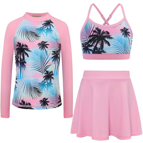 Image of Girls Swimsuit Long Sleeve Swim Shirt 3 Piece Rash Guard for Girls Bathing Suit with Boyshorts
