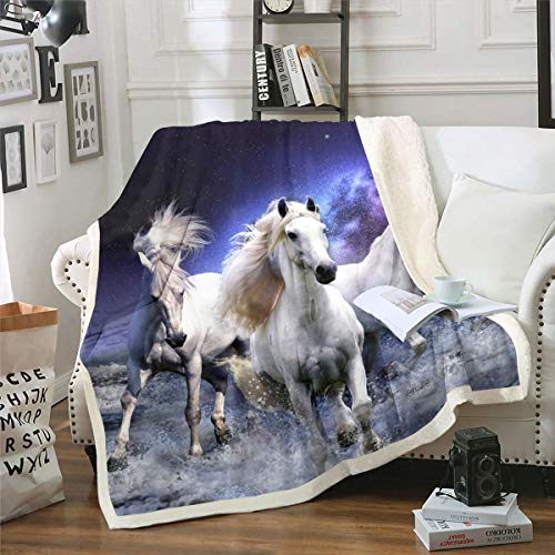 Loussiesd White Horse Print Plush Blanket Galloping Horse Fleece Throw Blanket Blue Galaxy Sherpa Blanket for Couch Bed Sofa Room Decor Lightweight Wild Animal Themed Fuzzy Blanket Double 60"x79"