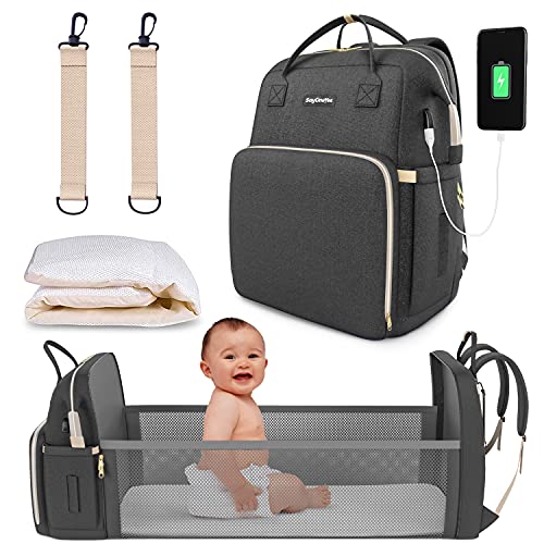 SayOneYes - Mochila para pañales con puerto de carga USB, bolsa de pañales multifunción para recién nacidos, bolsa de viaje con estación cambiadora, correas para cochecito y gran capacidad (gris)