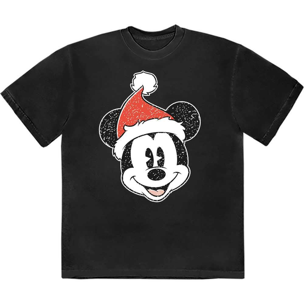Disney Men's Black Mickey Mouse Santa Hat Printed Cartoon Character Short-Sleeved T-Shirt Size L