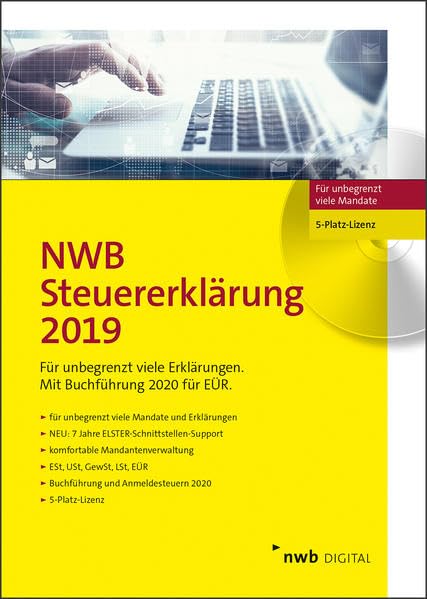 NWB Steuererklärung 2019 - 5-Platz-Version: Profi-Steuererklärungssoftware. Für unbegrenzt viele Mandate. 7 Jahre ELSTER Schnittstellen-Support. Für den VZ 2019. 5-Platz- Lizenz. CD-Version.