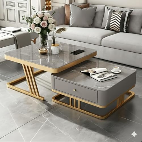 Image of Iron Frame Handmade Drawer Square 20 inchx20 inch Coffee Table Set 2 piece, Nesting Table with Marble Look Center Table Storage Drawer for Living Room /Drawing Room /Balcony (Golden Grey)